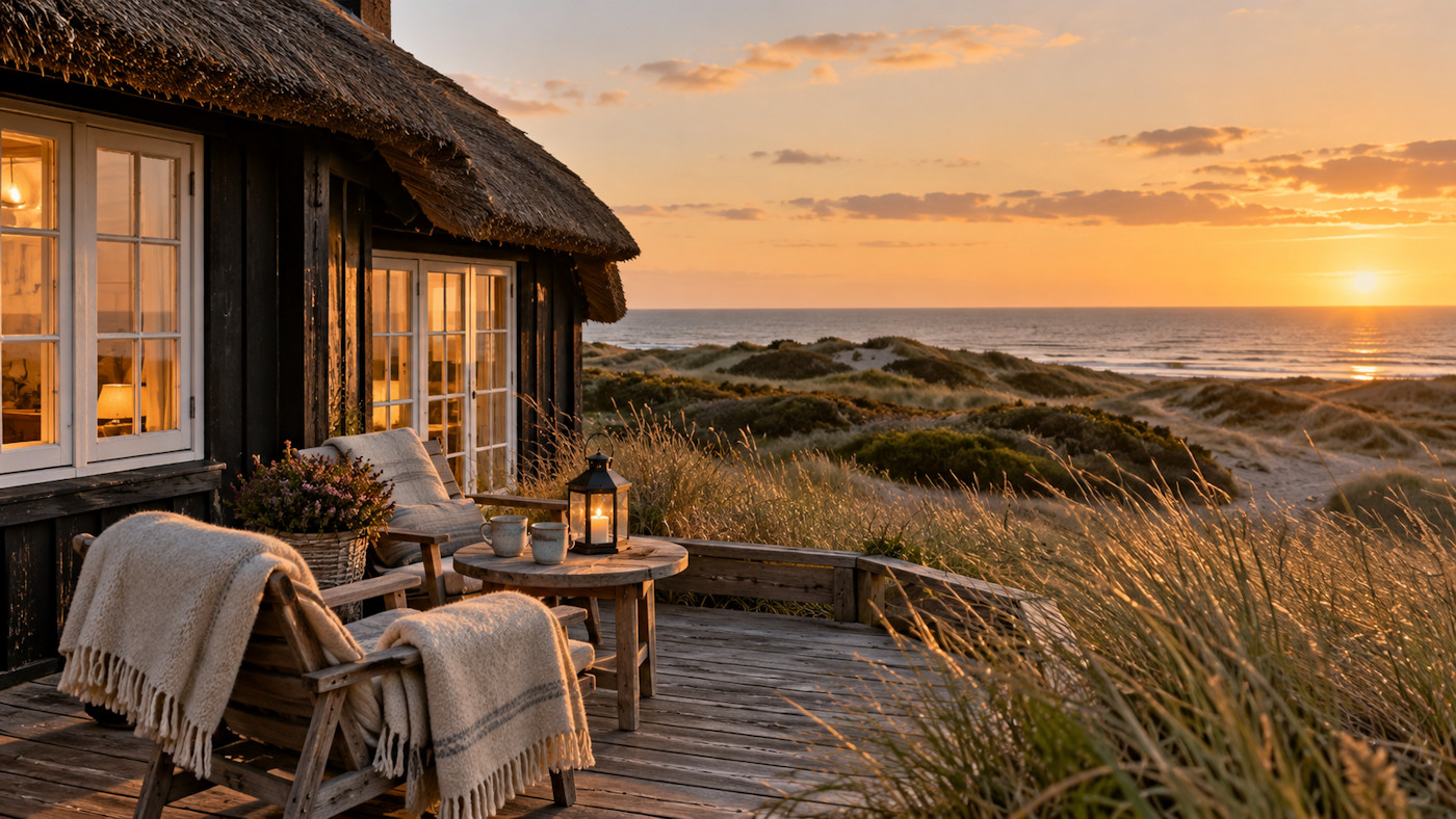 Dänisches Ferienhaus in den Dünen bei Blåvand im warmen Abendlicht